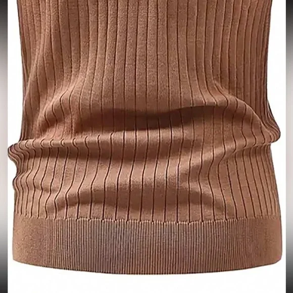 Brown / tan Men’s button v neck collared polo short sleeve rib knit shirt - Picture 3 of 4